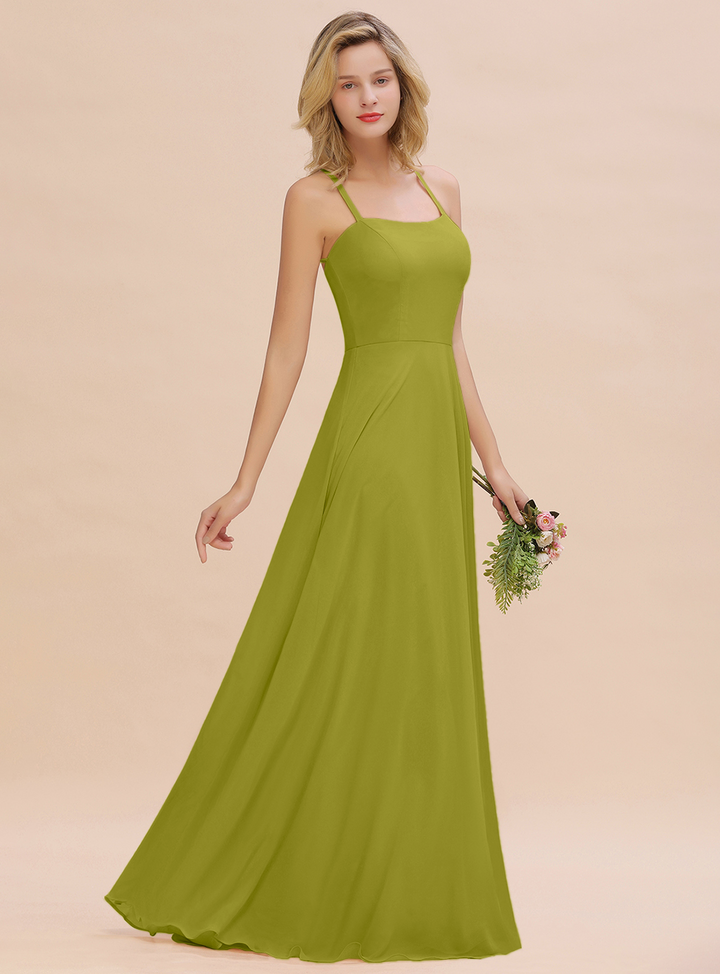 A-line Sleeveless Chiffon Floor-Length Dress with Straps-koscy