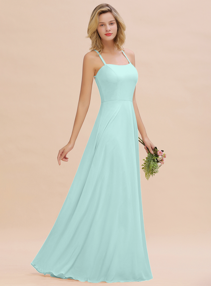 A-line Sleeveless Chiffon Floor-Length Dress with Straps-koscy