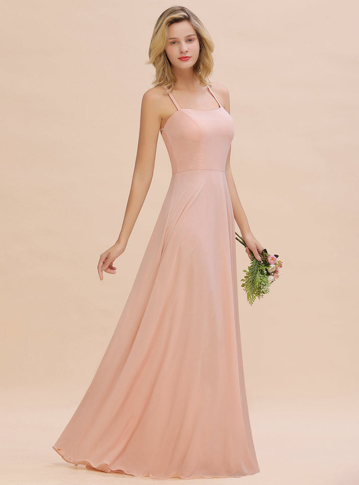 A-line Sleeveless Chiffon Floor-Length Dress with Straps-koscy