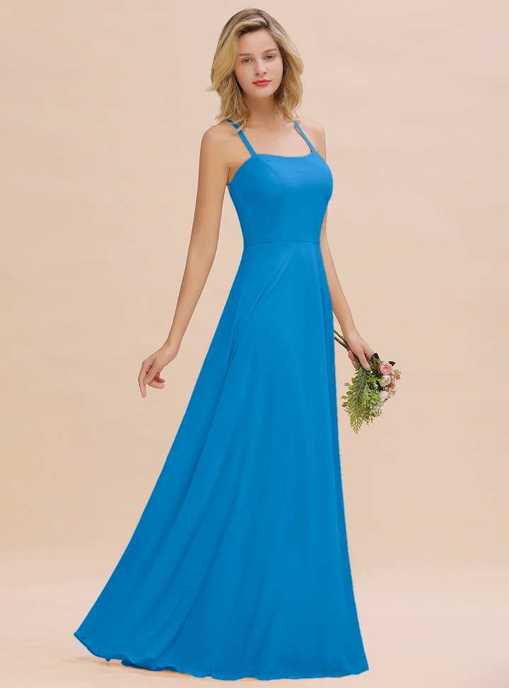 A-line Sleeveless Chiffon Floor-Length Dress with Straps-koscy