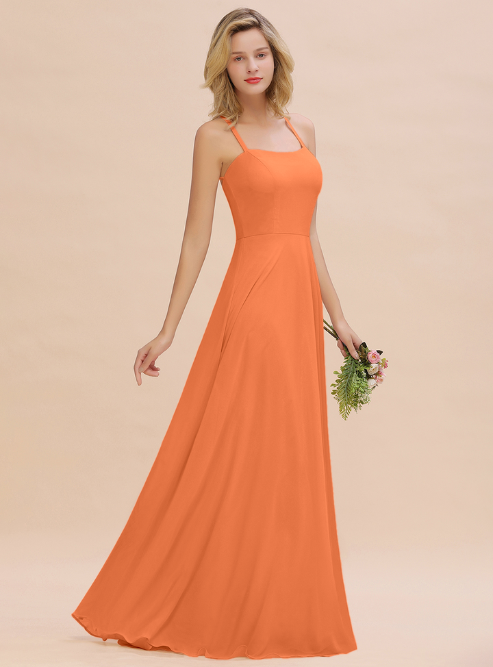 A-line Sleeveless Chiffon Floor-Length Dress with Straps-koscy