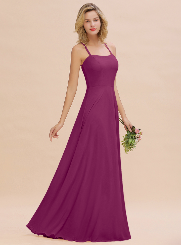 A-line Sleeveless Chiffon Floor-Length Dress with Straps-koscy