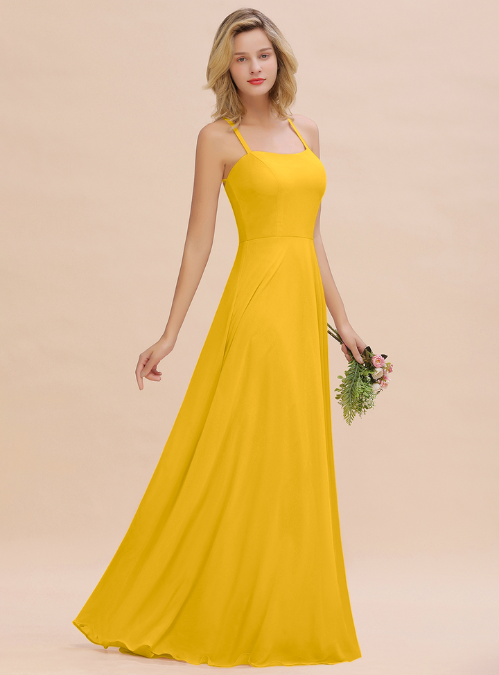 A-line Sleeveless Chiffon Floor-Length Dress with Straps-koscy