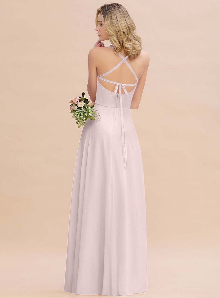 A-line Sleeveless Chiffon Floor-Length Dress with Straps-koscy