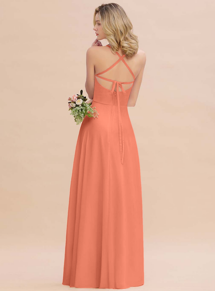 A-line Sleeveless Chiffon Floor-Length Dress with Straps-koscy