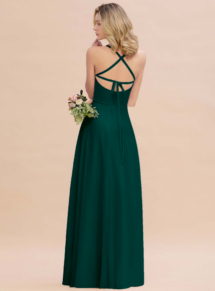 A-line Sleeveless Chiffon Floor-Length Dress with Straps-koscy