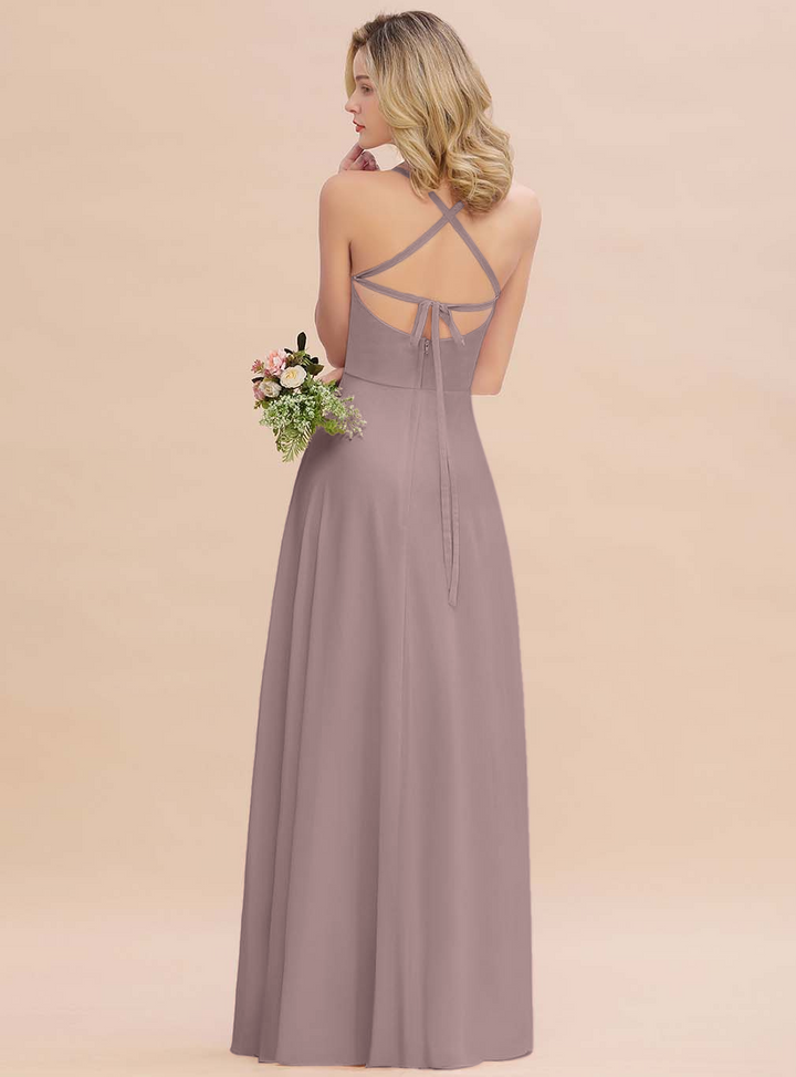 A-line Sleeveless Chiffon Floor-Length Dress with Straps-koscy