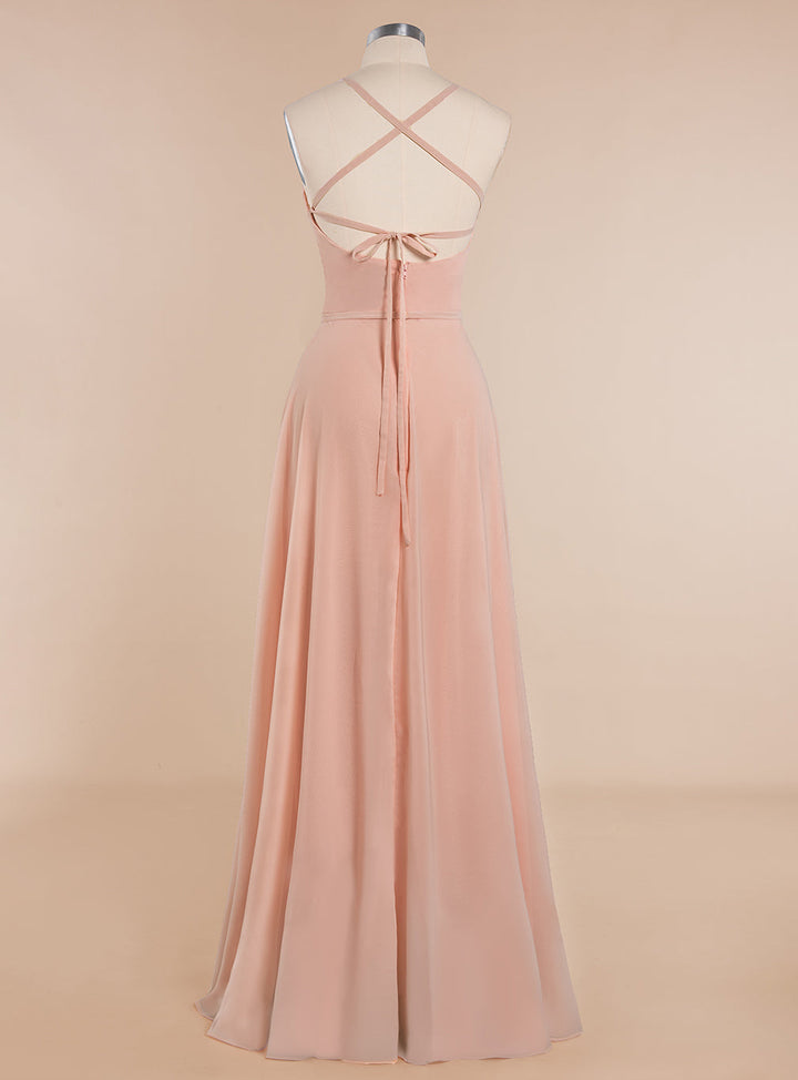 A-line Sleeveless Chiffon Floor-Length Dress with Straps-koscy