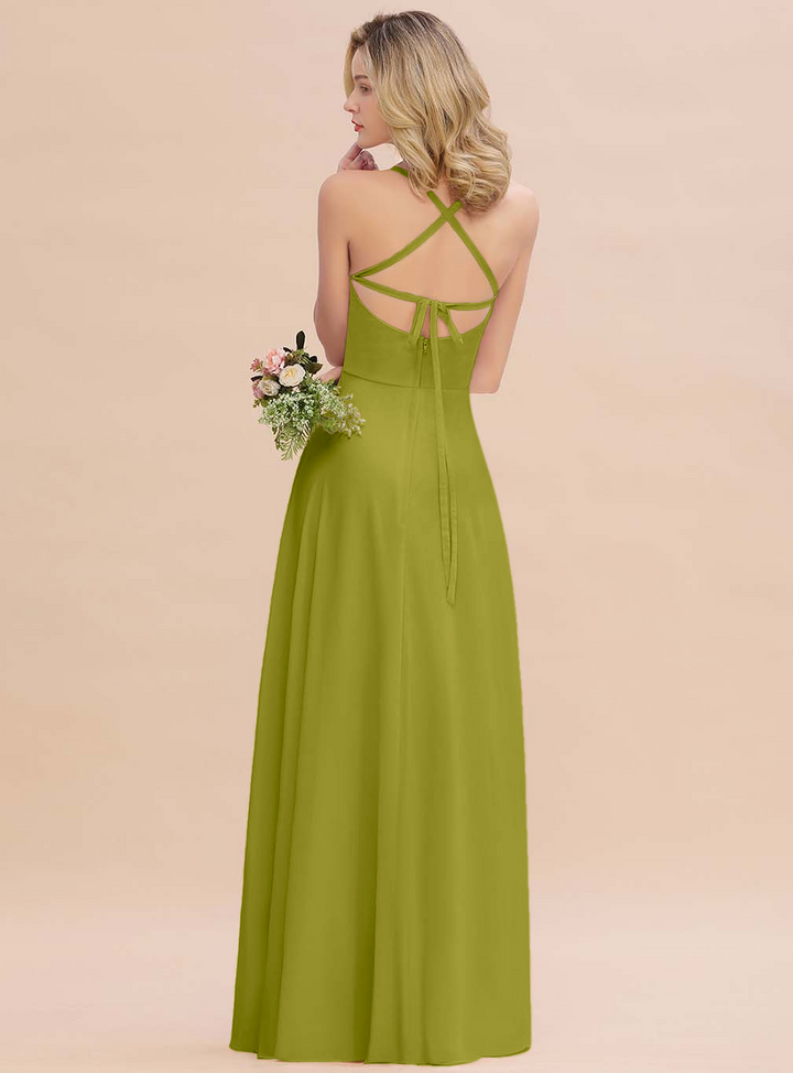 A-line Sleeveless Chiffon Floor-Length Dress with Straps-koscy