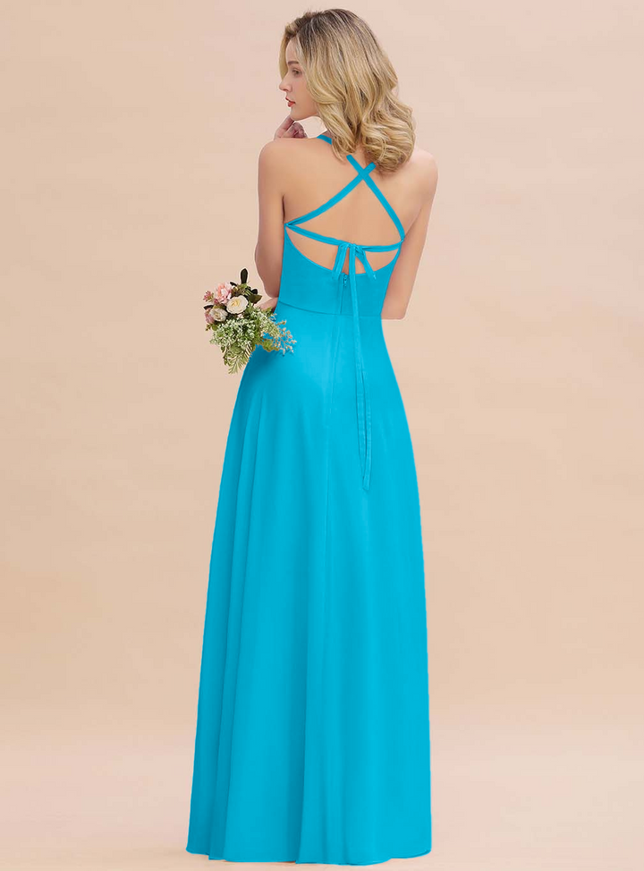 A-line Sleeveless Chiffon Floor-Length Dress with Straps-koscy