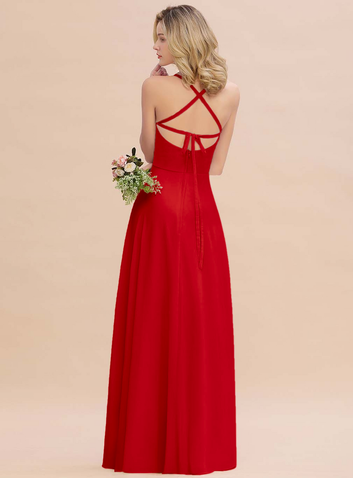 A-line Sleeveless Chiffon Floor-Length Dress with Straps-koscy