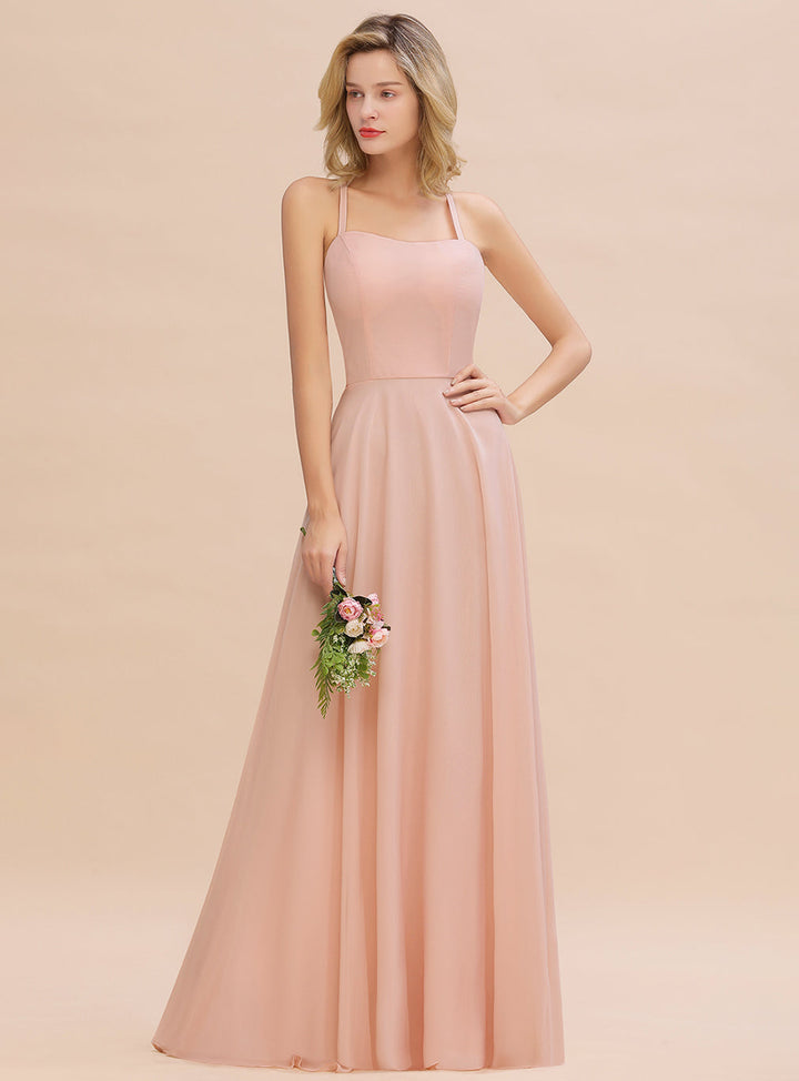 A-line Sleeveless Chiffon Floor-Length Dress with Straps-koscy