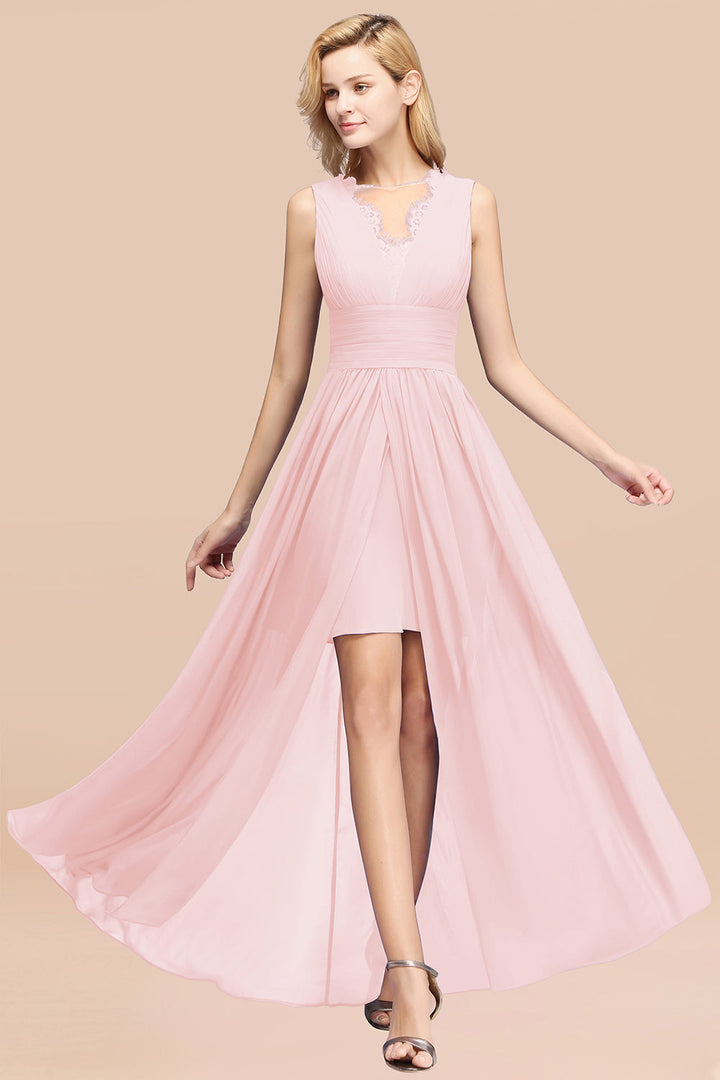 A-line Sleeveless Chiffon Lace Front Slit Floor-Length Dress-koscy