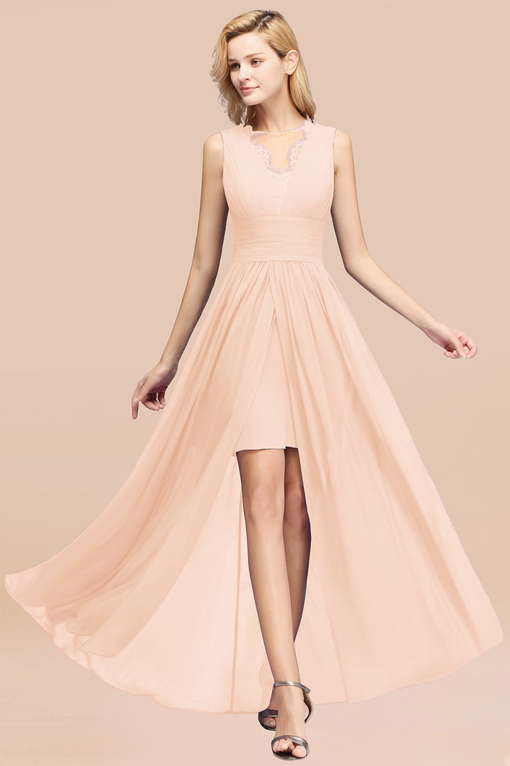 A-line Sleeveless Chiffon Lace Front Slit Floor-Length Dress-koscy