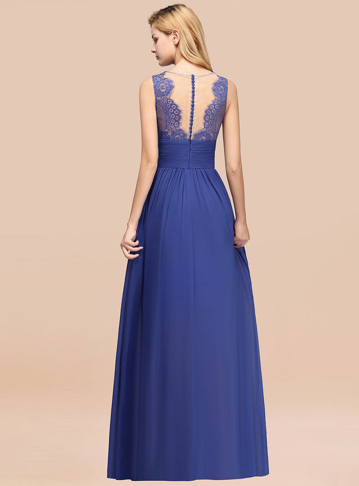 A-line Sleeveless Chiffon Lace Front Slit Floor-Length Dress-koscy