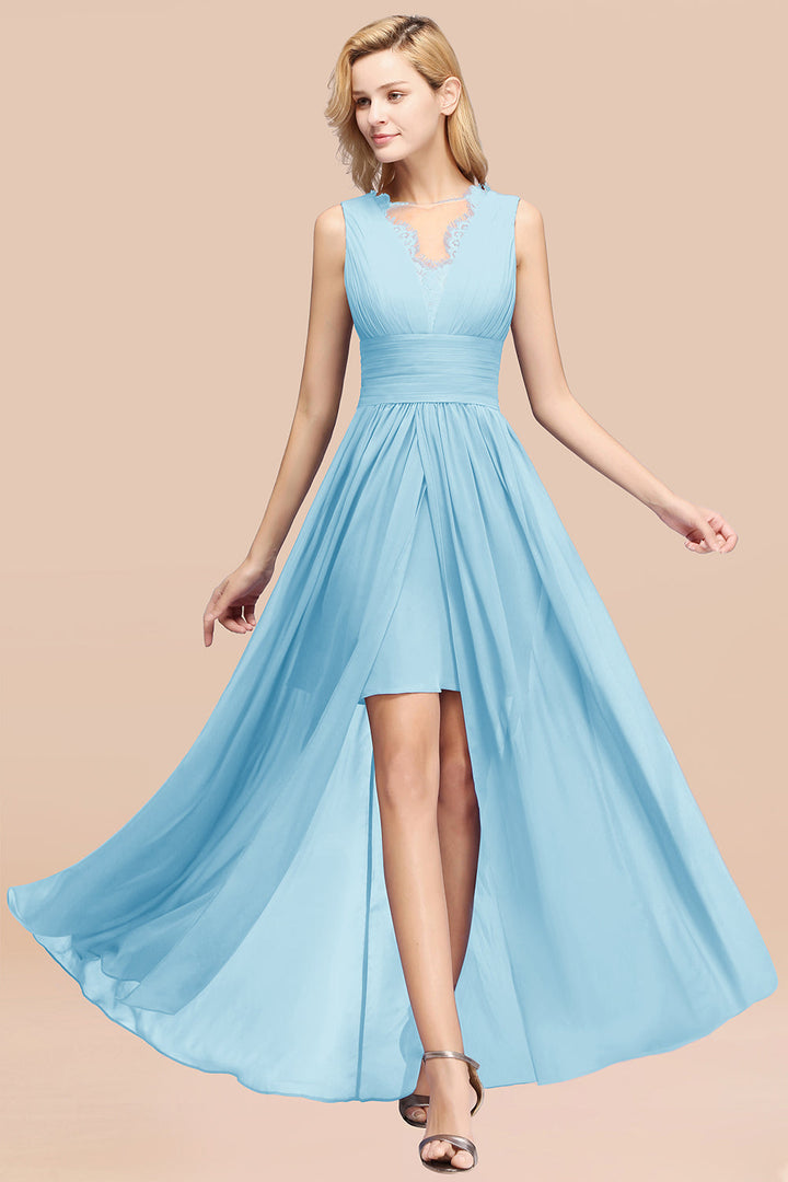 A-line Sleeveless Chiffon Lace Front Slit Floor-Length Dress-koscy