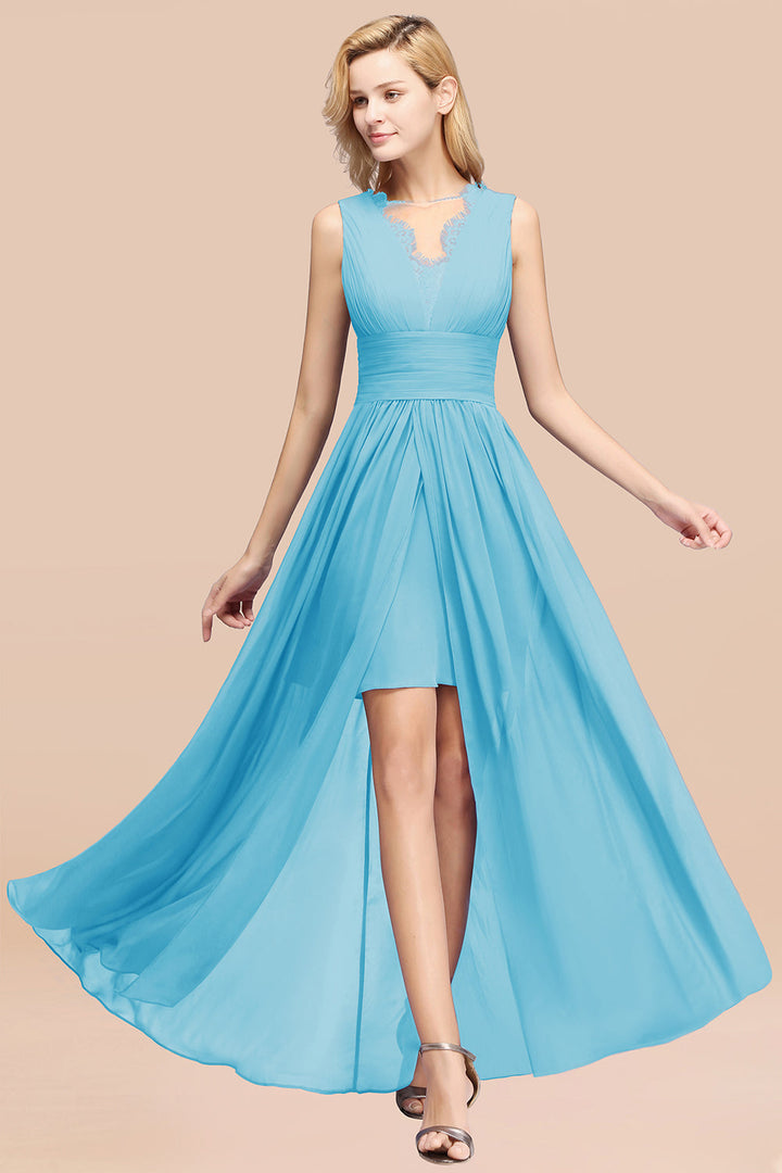 A-line Sleeveless Chiffon Lace Front Slit Floor-Length Dress-koscy