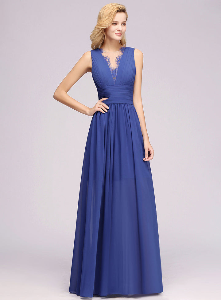 A-line Sleeveless Chiffon Lace Front Slit Floor-Length Dress-koscy