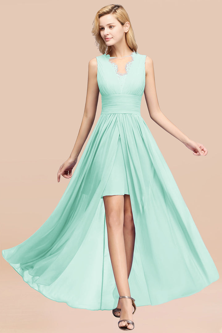 A-line Sleeveless Chiffon Lace Front Slit Floor-Length Dress-koscy