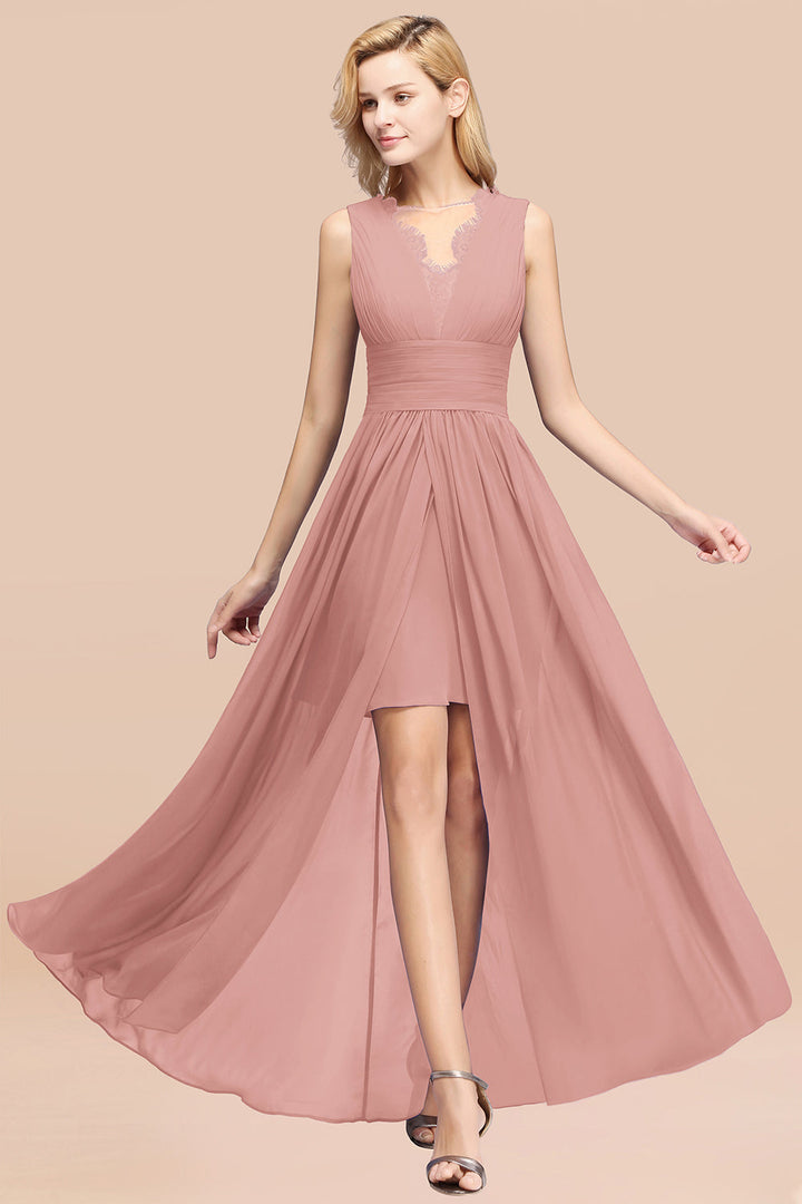 A-line Sleeveless Chiffon Lace Front Slit Floor-Length Dress-koscy