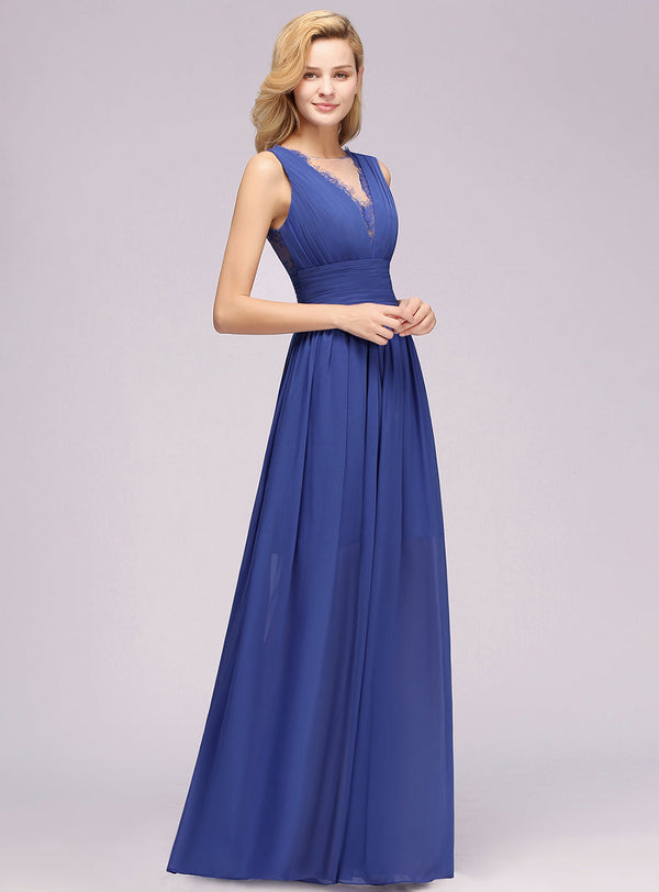 A-line Sleeveless Chiffon Lace Front Slit Floor-Length Dress-koscy