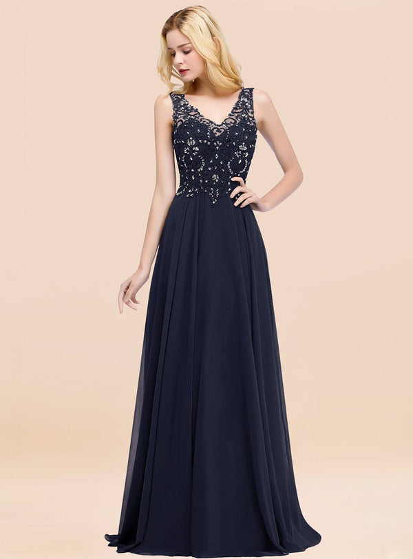 A-line Sleeveless Lace Chiffon Floor-Length Dress with Appliques-koscy