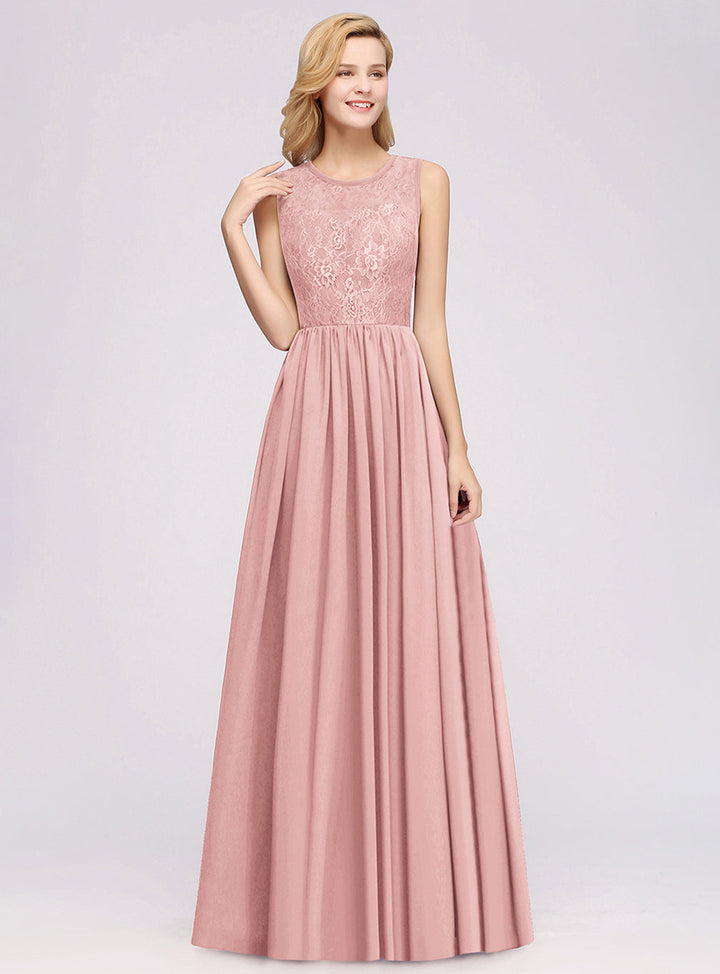 A-line Sleeveless Lace Chiffon Floor-Length Dress With Hollowout Back-koscy