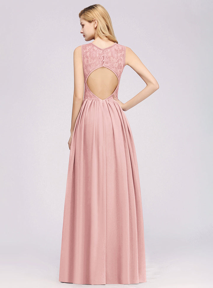 A-line Sleeveless Lace Chiffon Floor-Length Dress With Hollowout Back-koscy