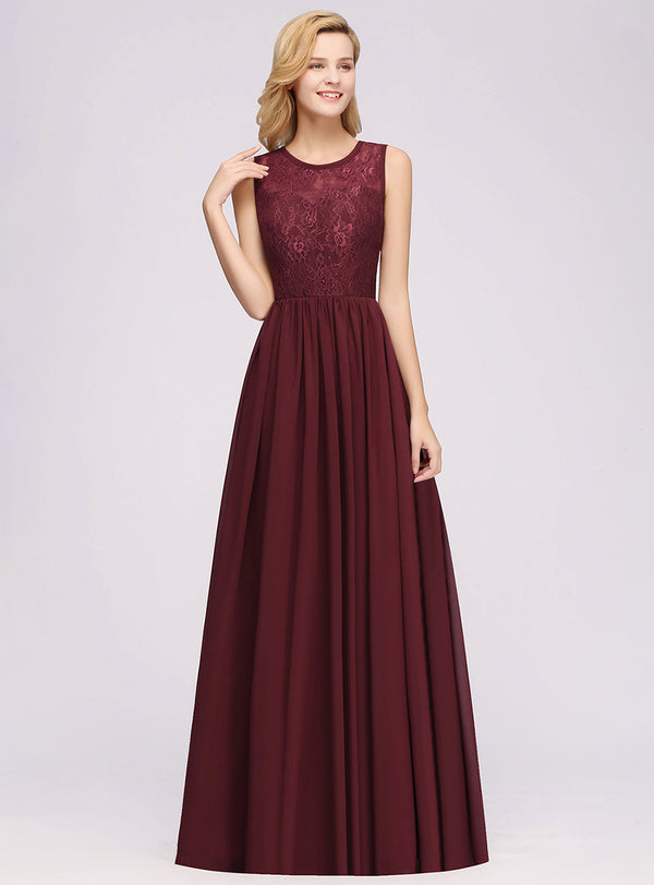 A-line Sleeveless Lace Chiffon Floor-Length Dress With Hollowout Back-koscy