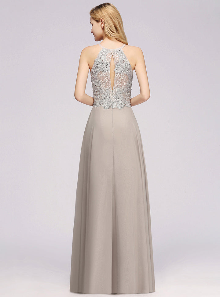 A-line Sleeveless Lace Chiffon Floor-Length Dress with Slit-koscy