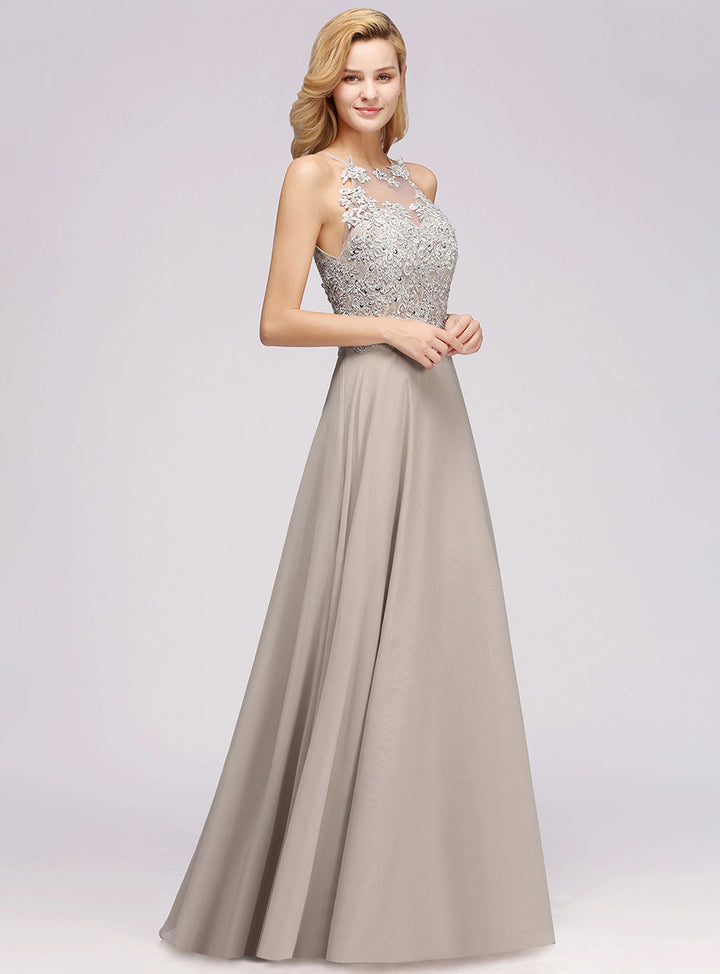 A-line Sleeveless Lace Chiffon Floor-Length Dress with Slit-koscy