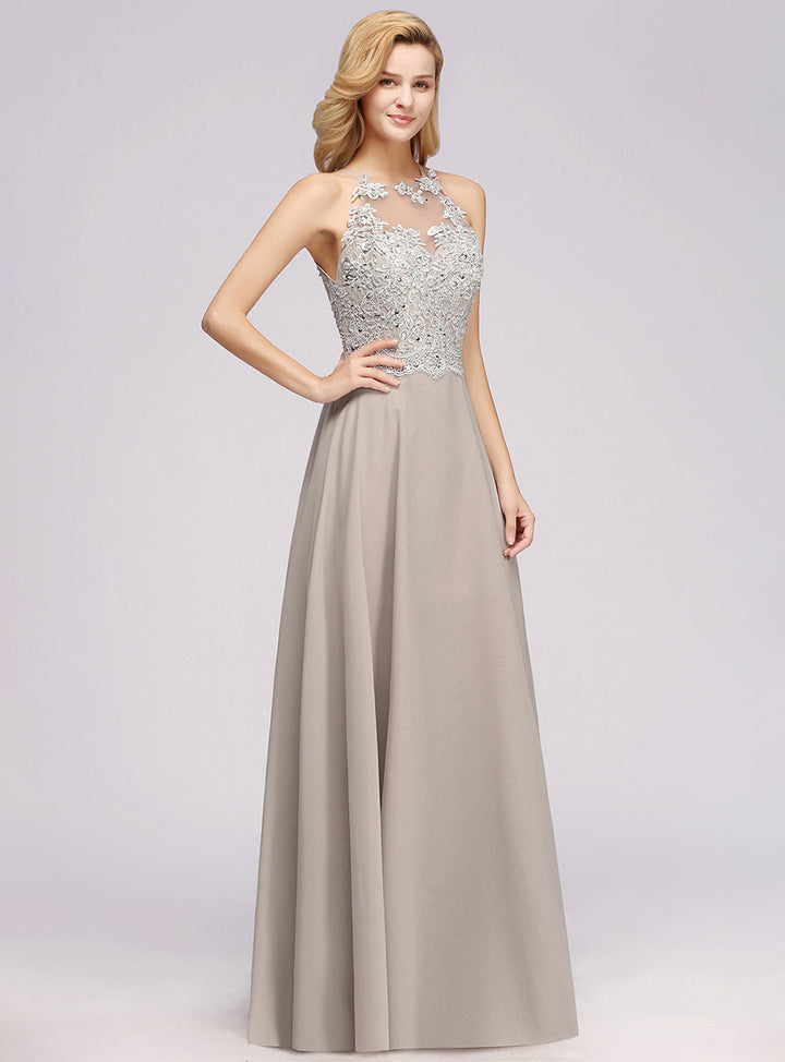 A-line Sleeveless Lace Chiffon Floor-Length Dress with Slit-koscy