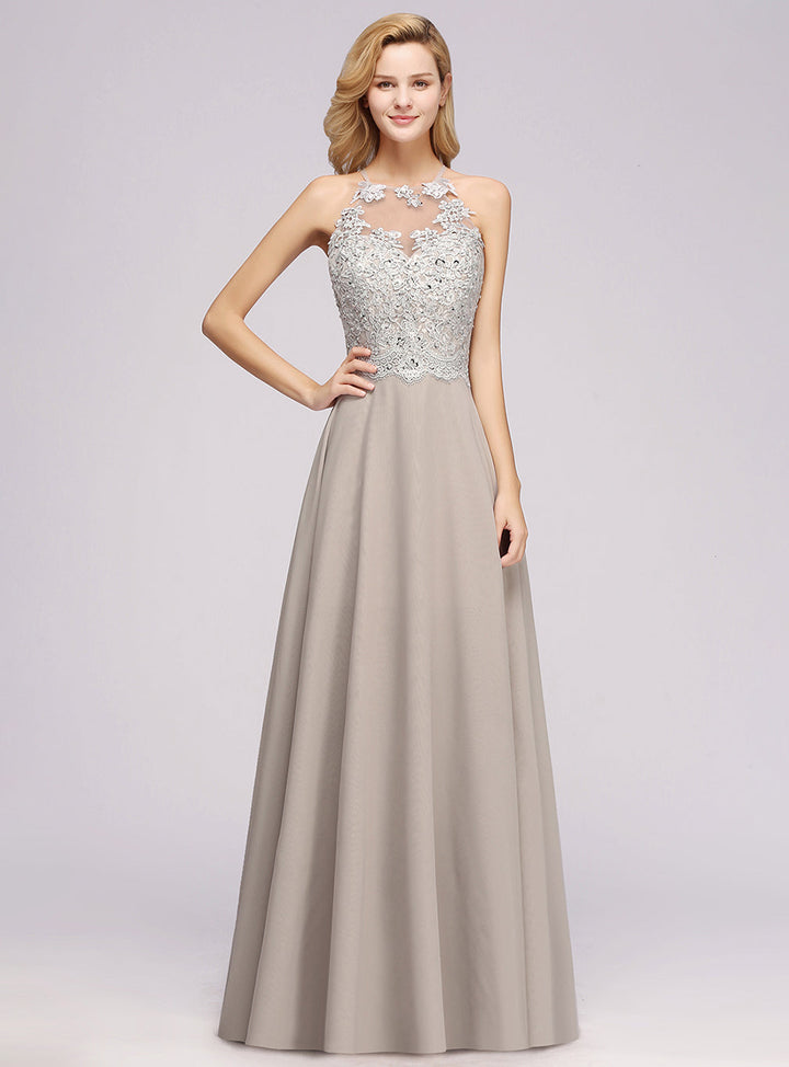 A-line Sleeveless Lace Chiffon Floor-Length Dress with Slit-koscy