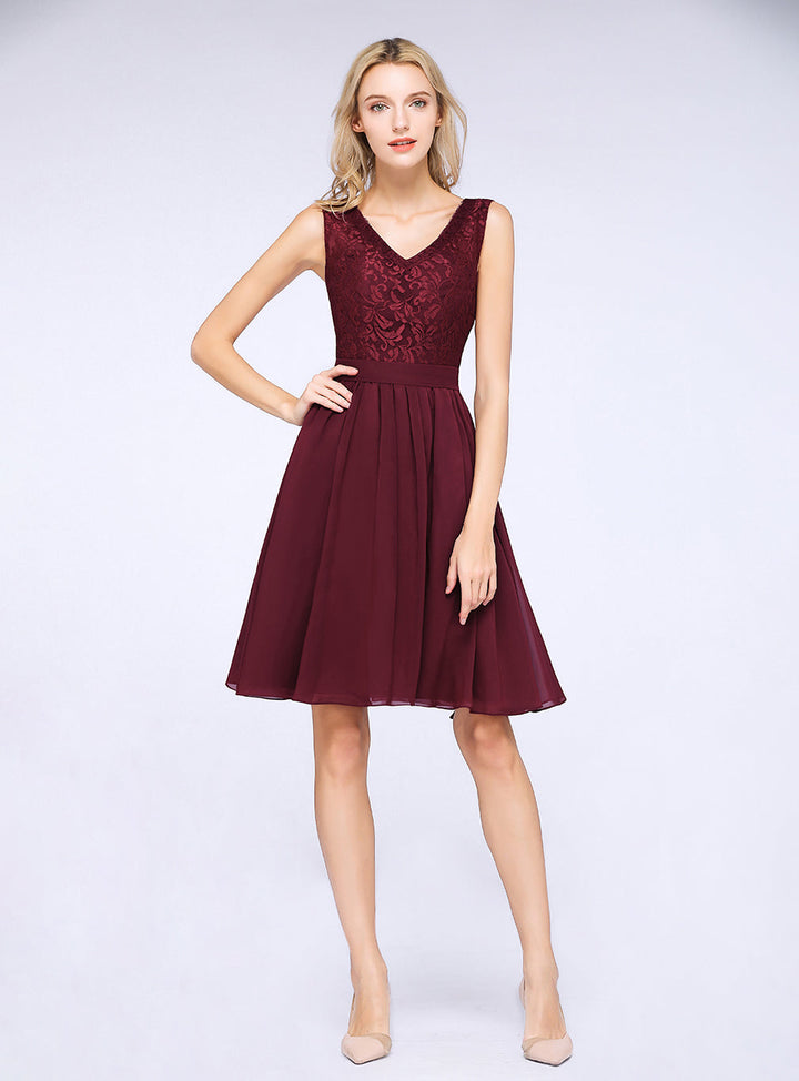 A-line Sleeveless Lace Chiffon Knee-Length Dress-koscy