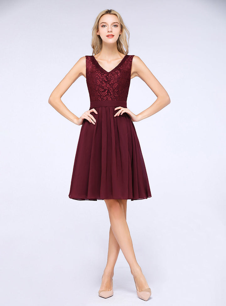 A-line Sleeveless Lace Chiffon Knee-Length Dress-koscy