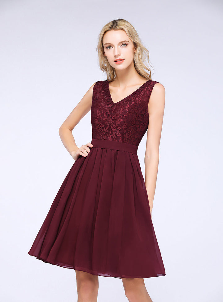 A-line Sleeveless Lace Chiffon Knee-Length Dress-koscy