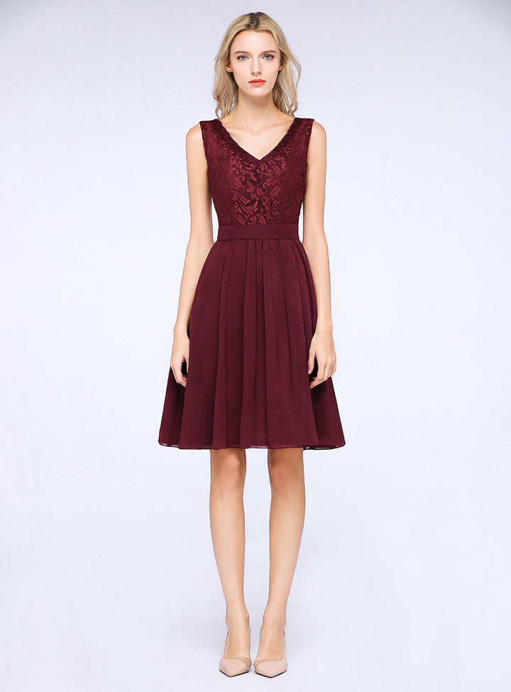 A-line Sleeveless Lace Chiffon Knee-Length Dress-koscy