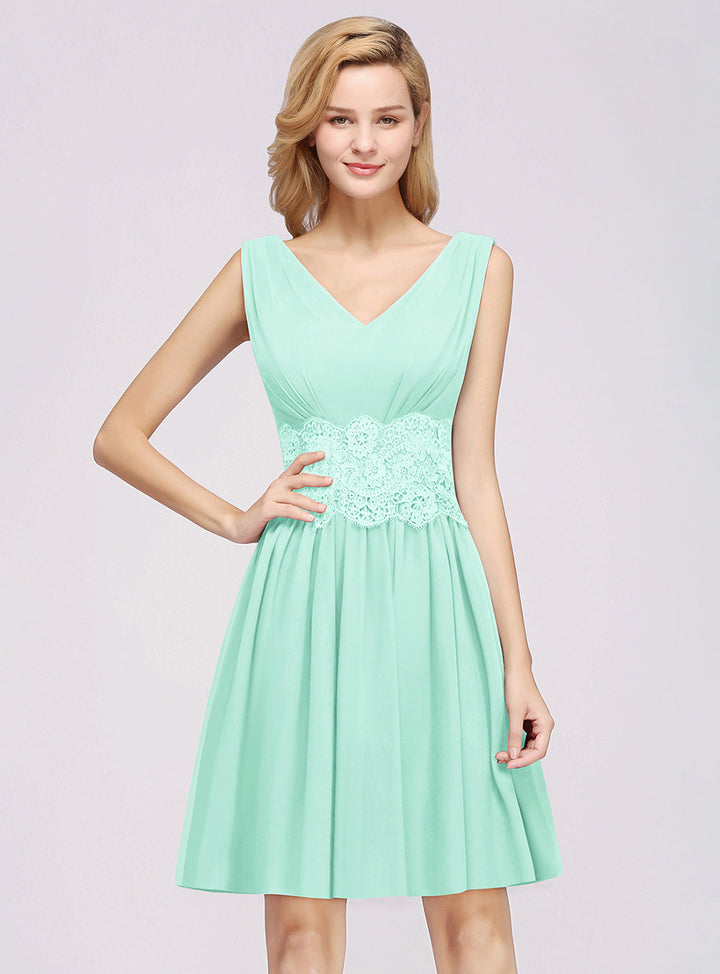 A-line Sleeveless Lace Pleated Chiffon Knee-Length Dress-koscy