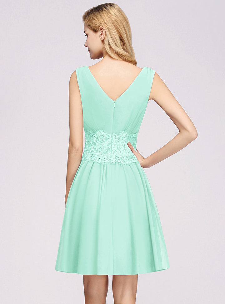 A-line Sleeveless Lace Pleated Chiffon Knee-Length Dress-koscy