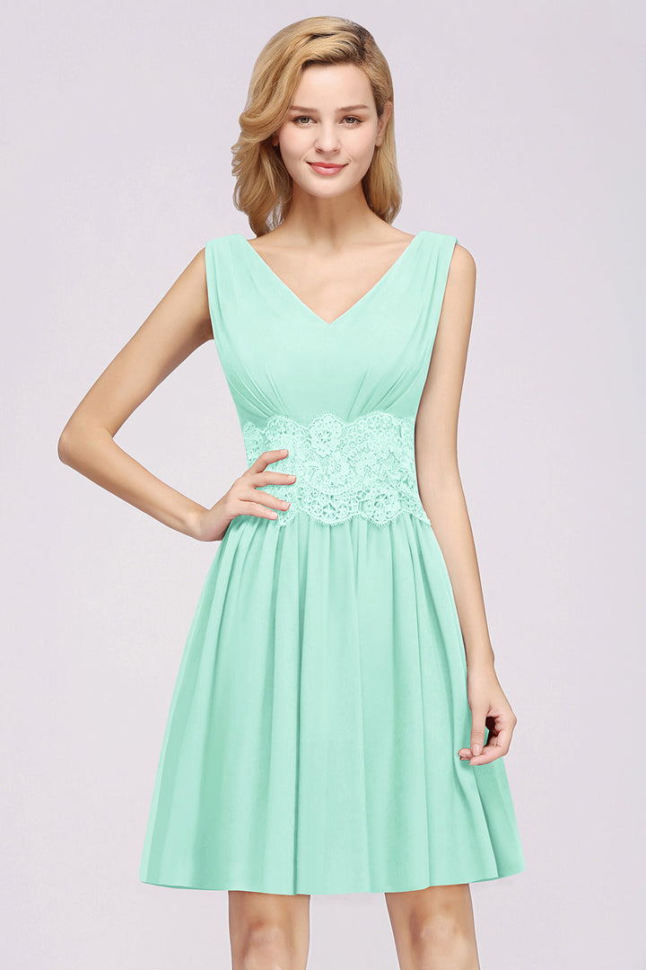 A-line Sleeveless Lace Pleated Chiffon Knee-Length Dress-koscy