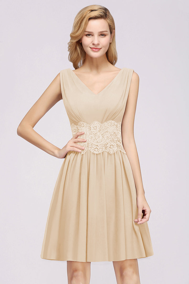 A-line Sleeveless Lace Pleated Chiffon Knee-Length Dress-koscy