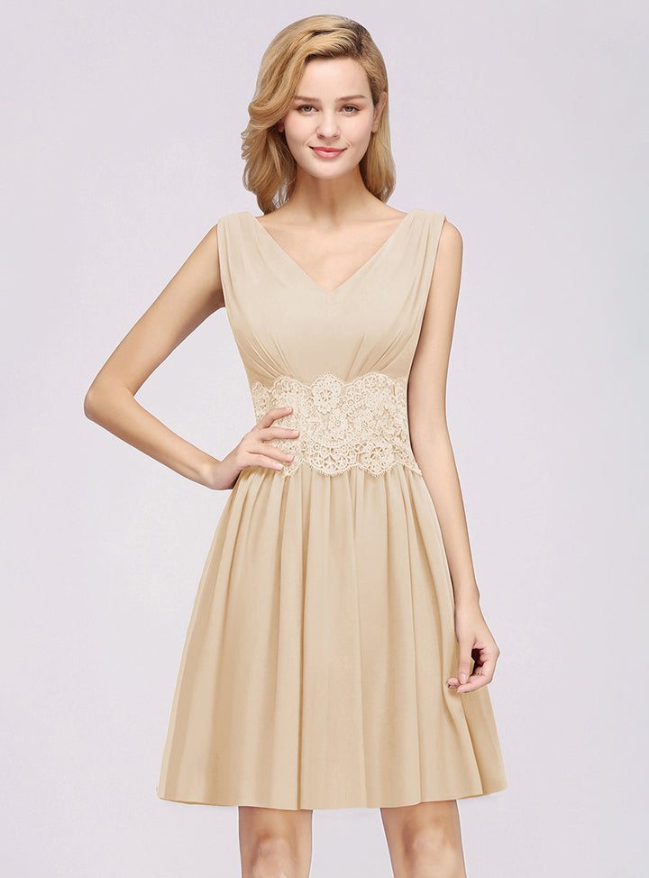 A-line Sleeveless Lace Pleated Chiffon Knee-Length Dress-koscy