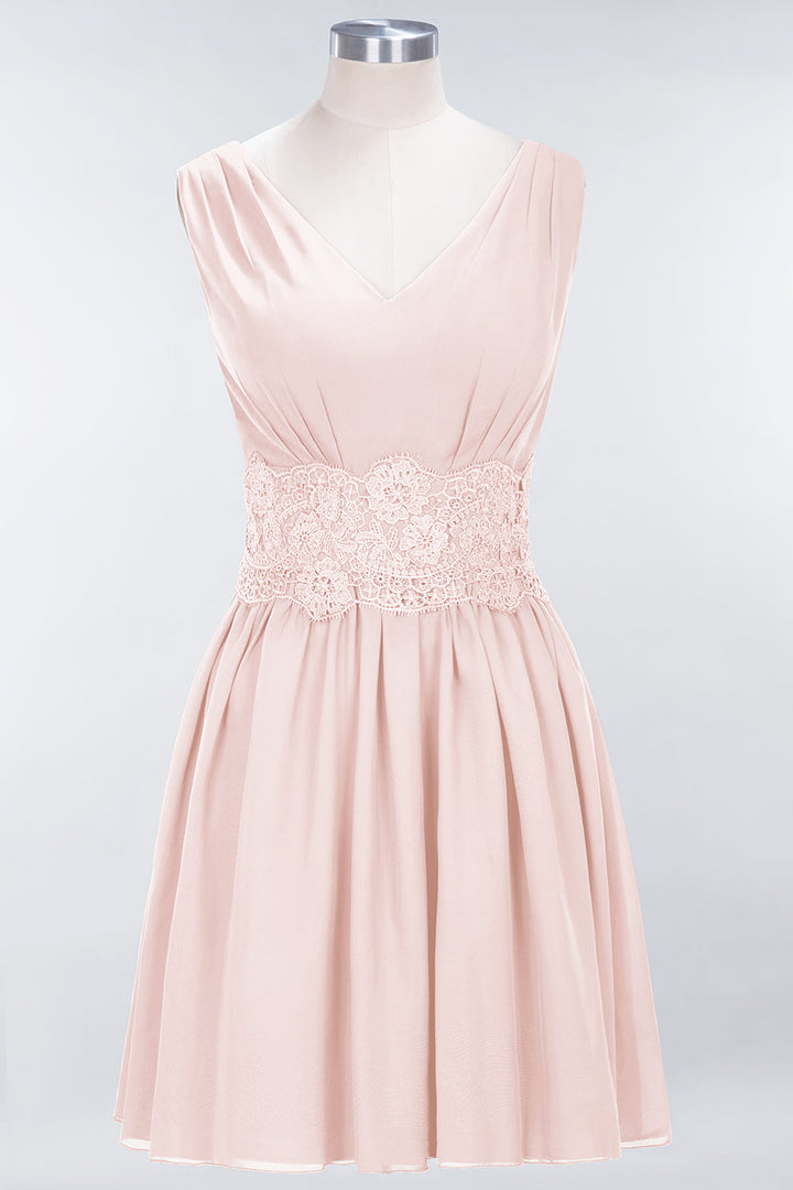 A-line Sleeveless Lace Pleated Chiffon Knee-Length Dress-koscy