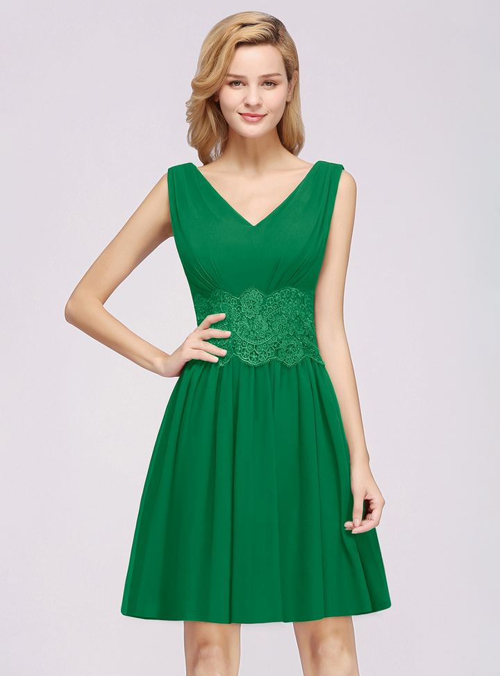 A-line Sleeveless Lace Pleated Chiffon Knee-Length Dress-koscy