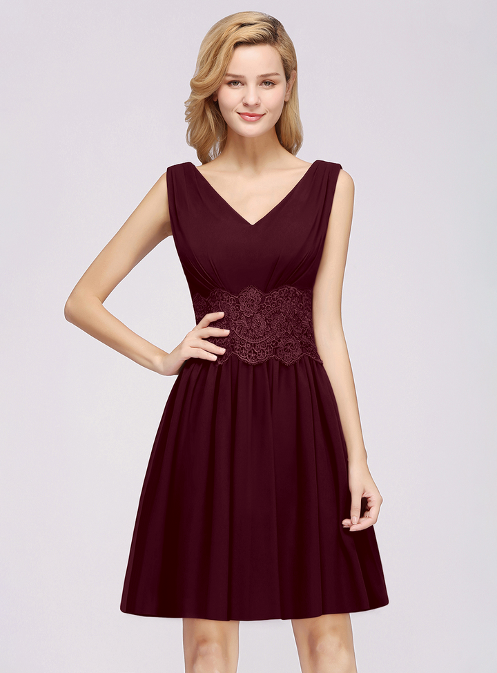 A-line Sleeveless Lace Pleated Chiffon Knee-Length Dress-koscy