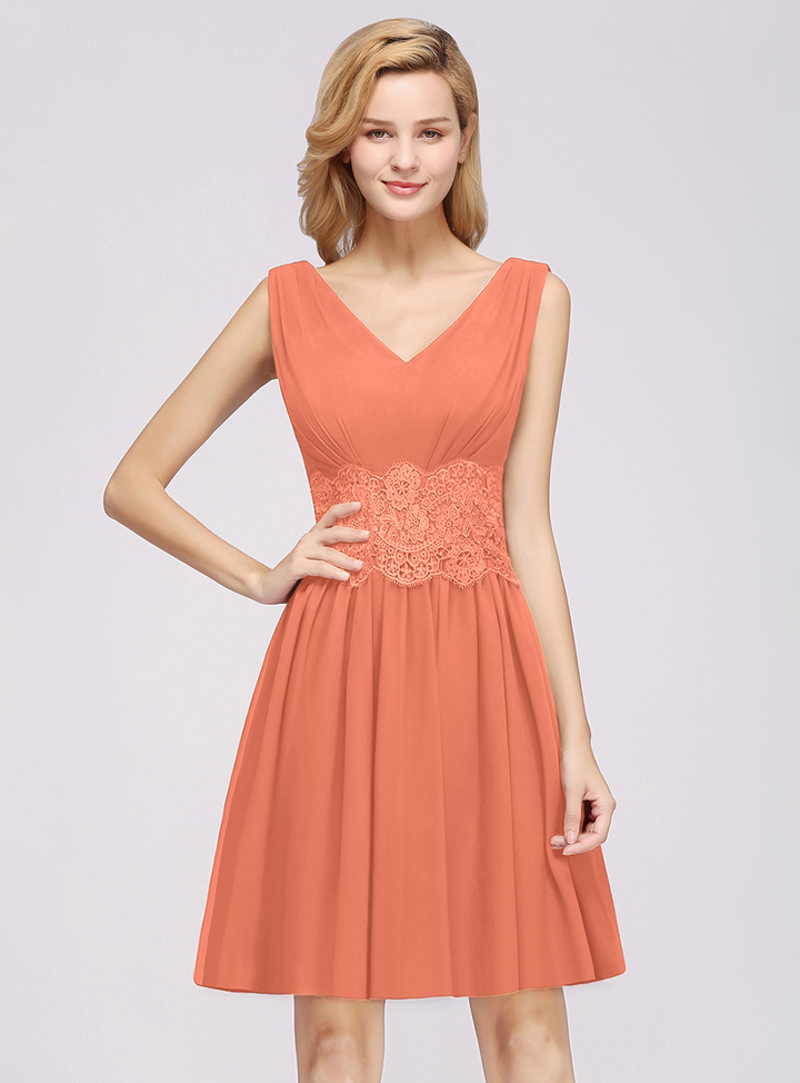 A-line Sleeveless Lace Pleated Chiffon Knee-Length Dress-koscy