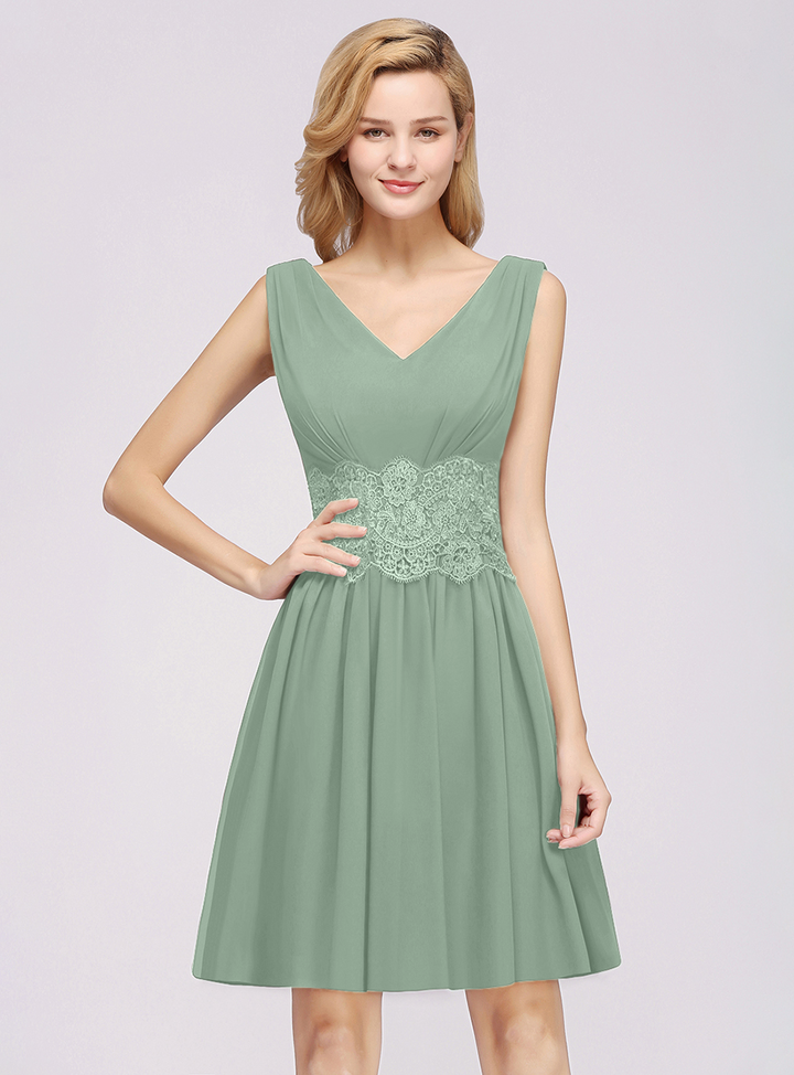 A-line Sleeveless Lace Pleated Chiffon Knee-Length Dress-koscy