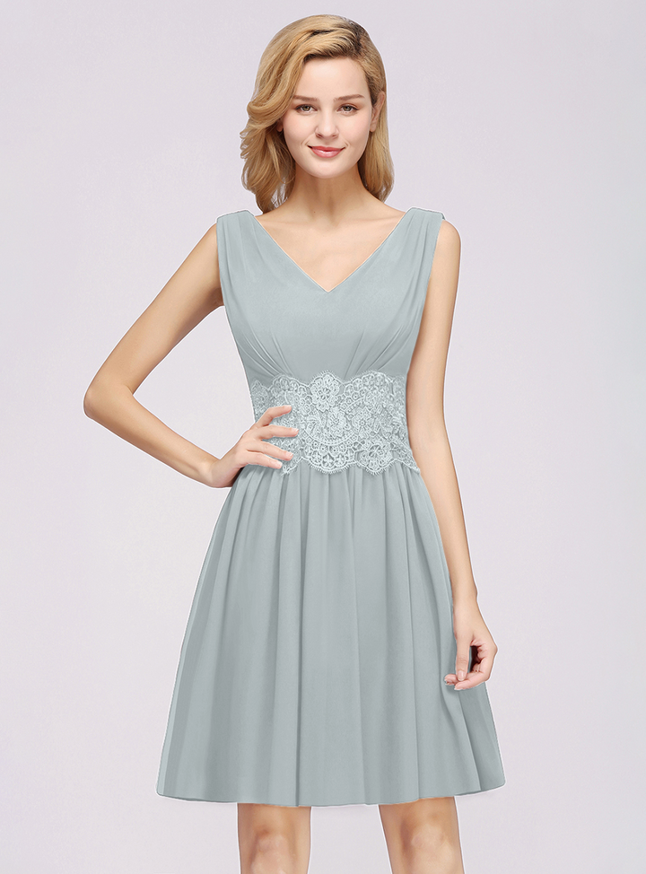 A-line Sleeveless Lace Pleated Chiffon Knee-Length Dress-koscy