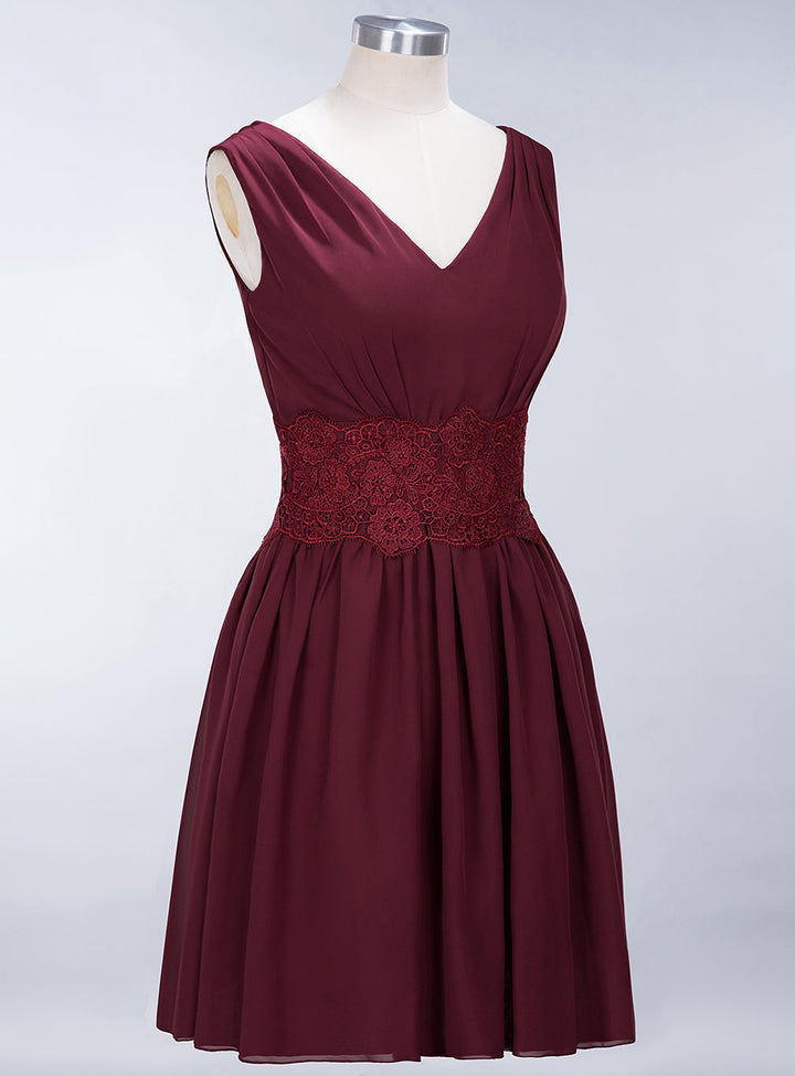 A-line Sleeveless Lace Pleated Chiffon Knee-Length Dress-koscy