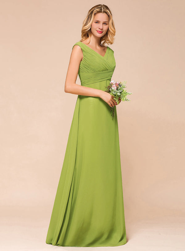 A-line Sleeveless Pleated Chiffon Floor-Length Dress Green-koscy